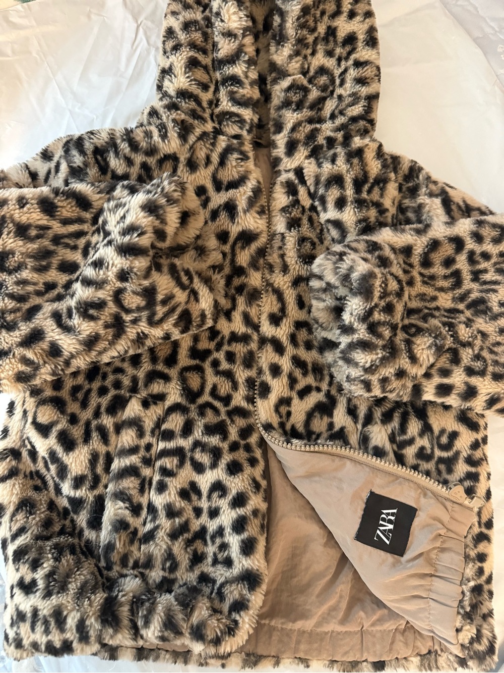 ZARA Leopard Print Faux-Fur Hooded Puffer Jacket - Tan & Black
